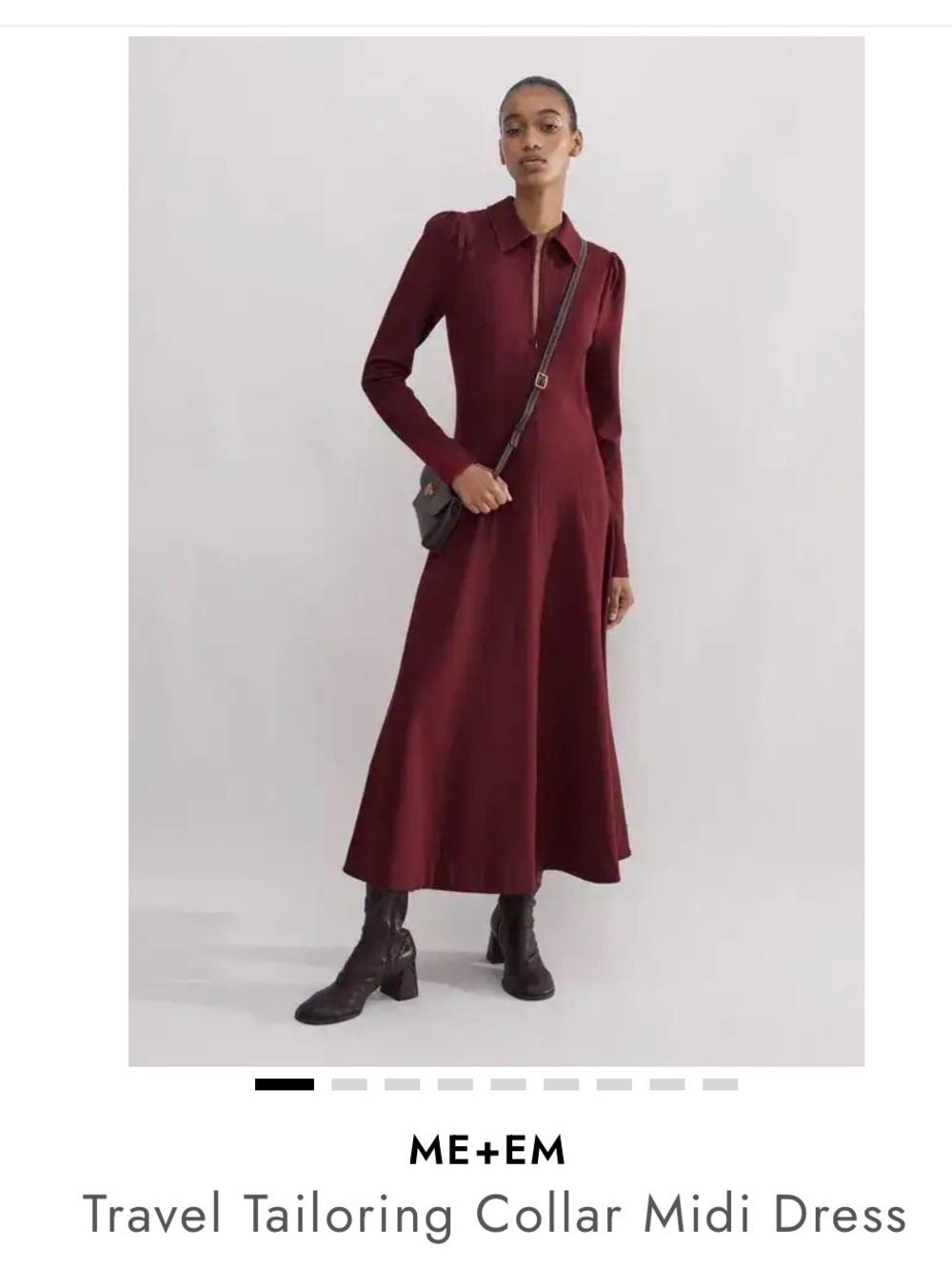 ME+EM Burgundy Long-Sleeve Tailored Collar Midi Dress